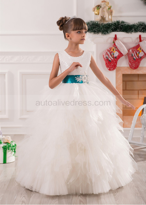 Ivory Sequin Tulle Ruffle Long Flower Girl Dress Christmas Dress